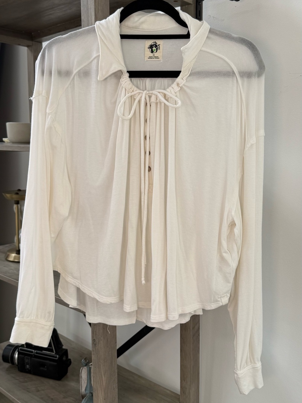 We the Free People Peasant Poet Top Blouse Black Shirt Tie Neck XS Boho